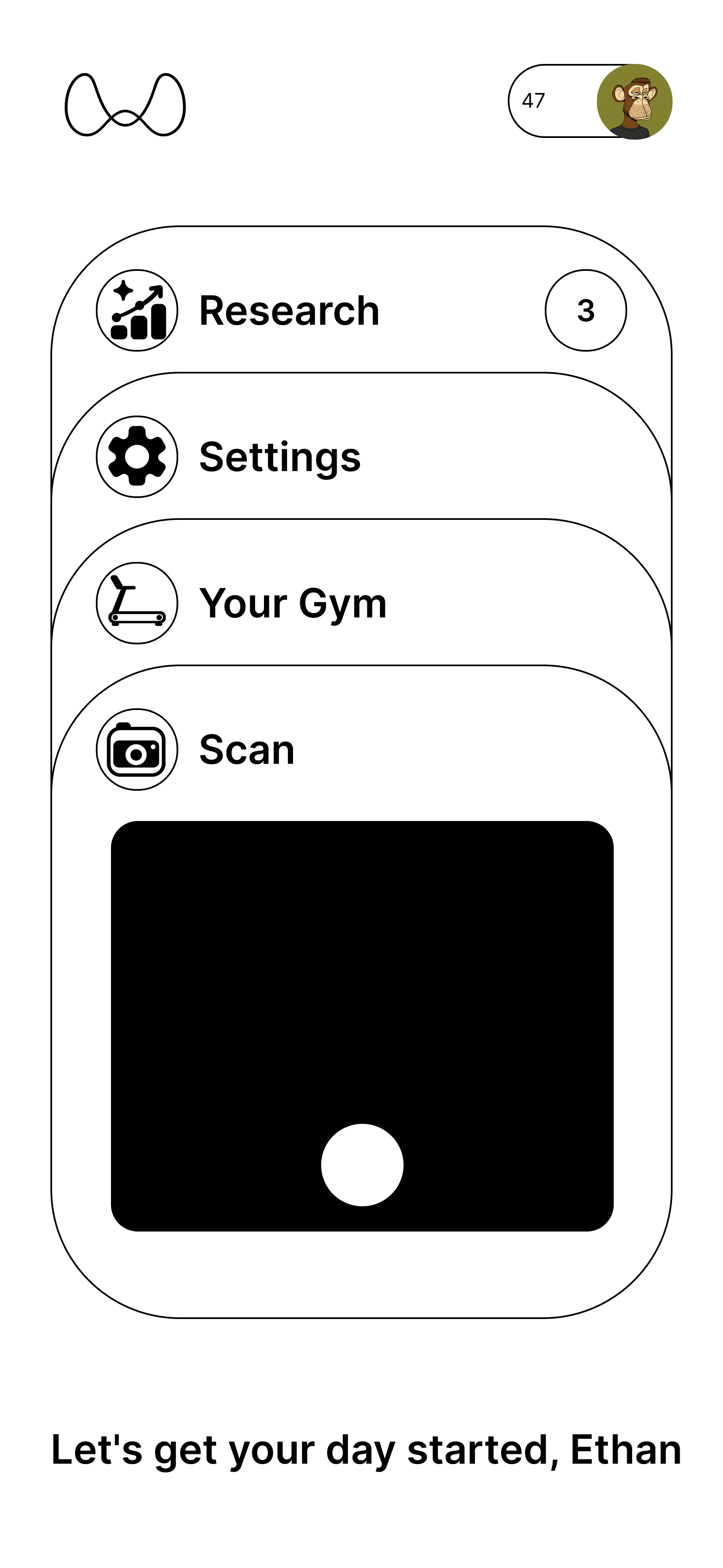 The GymAI app homescreen: Research, Settings, Your Gym and Scan.